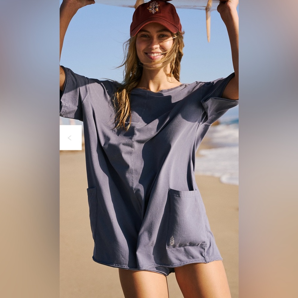 Free People $60 FP Movement Hot Shot Tee‎ Romper Blue Indigo Acid Wash XS